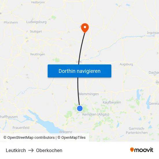 Leutkirch to Oberkochen map