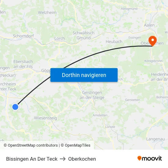 Bissingen An Der Teck to Oberkochen map