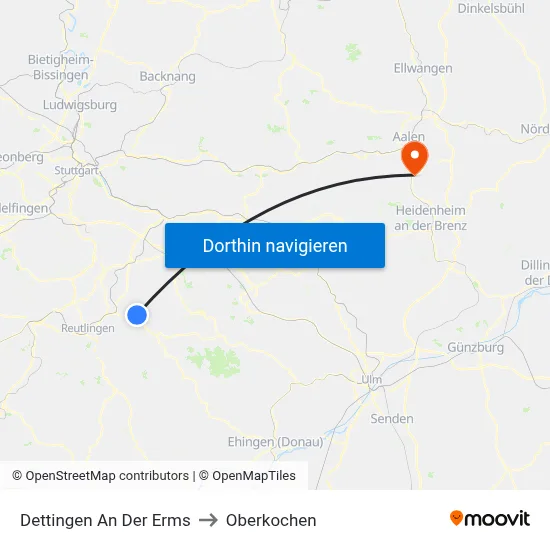 Dettingen An Der Erms to Oberkochen map