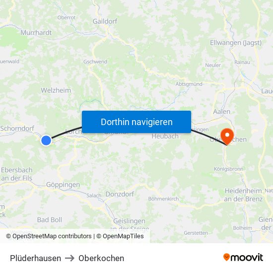 Plüderhausen to Oberkochen map