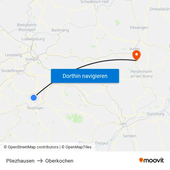 Pliezhausen to Oberkochen map