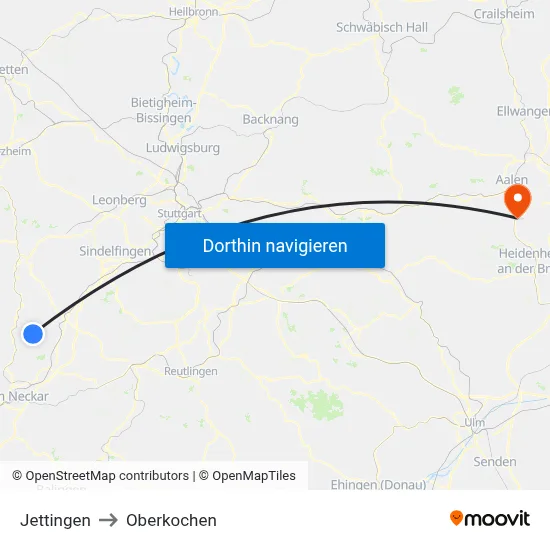 Jettingen to Oberkochen map