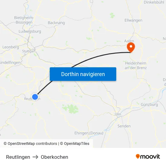 Reutlingen to Oberkochen map