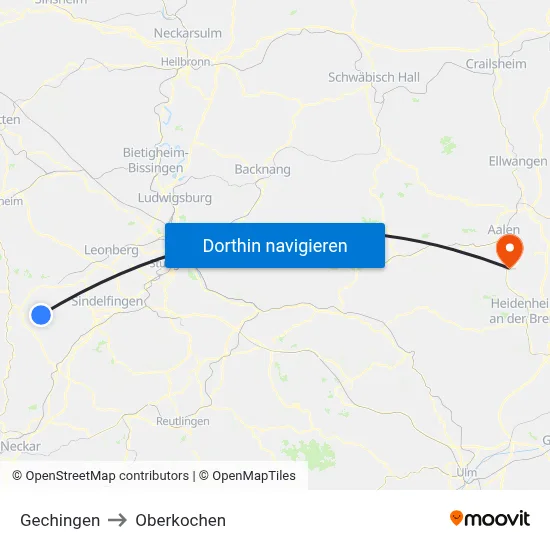 Gechingen to Oberkochen map