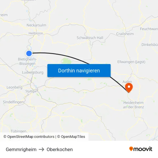 Gemmrigheim to Oberkochen map