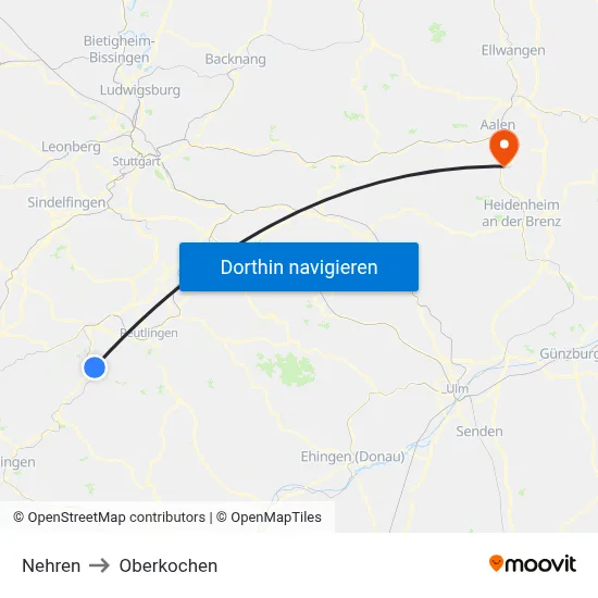 Nehren to Oberkochen map