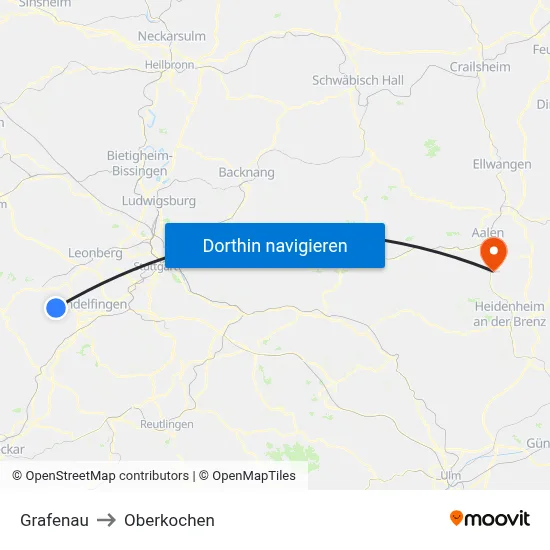 Grafenau to Oberkochen map