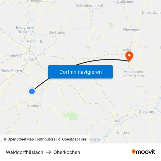 Walddorfhäslach to Oberkochen map