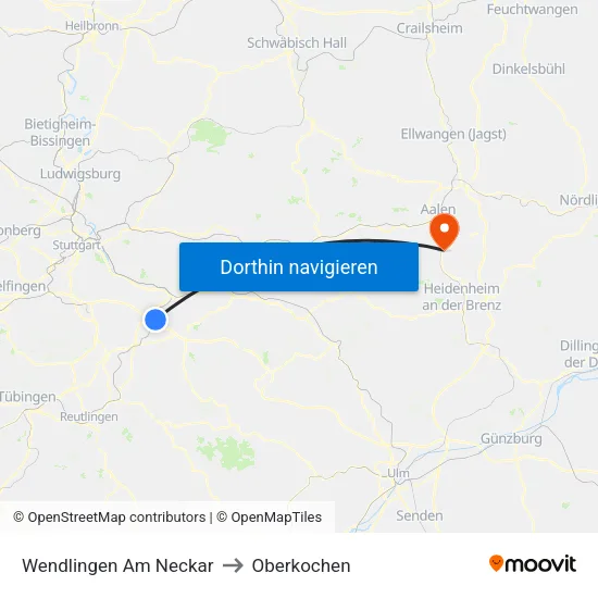 Wendlingen Am Neckar to Oberkochen map