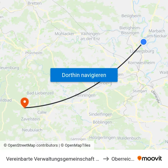 Vereinbarte Verwaltungsgemeinschaft Der Stadt Freiberg am Neckar to Oberreichenbach map