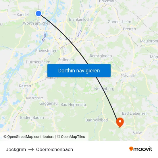 Jockgrim to Oberreichenbach map