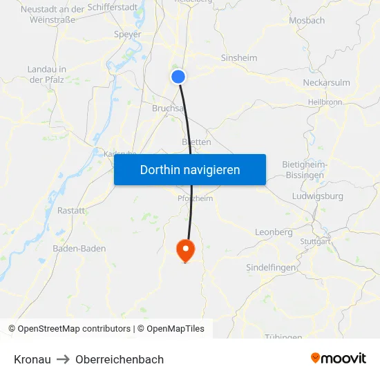 Kronau to Oberreichenbach map