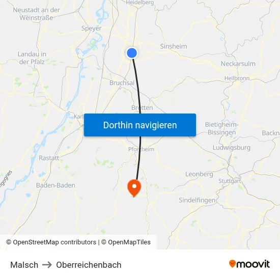 Malsch to Oberreichenbach map