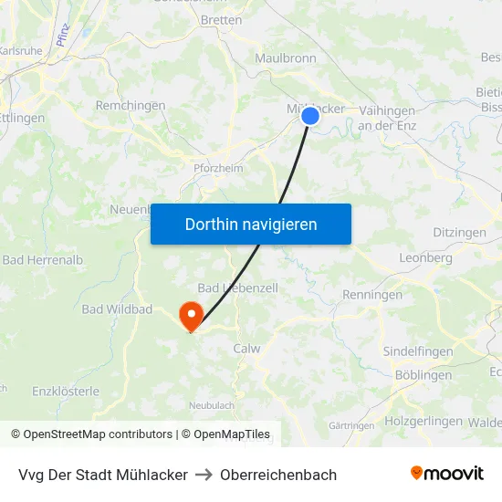 Vvg Der Stadt Mühlacker to Oberreichenbach map