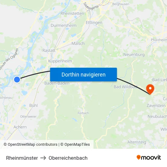 Rheinmünster to Oberreichenbach map