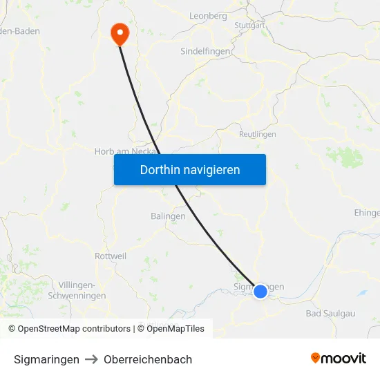 Sigmaringen to Oberreichenbach map