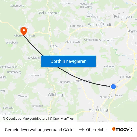 Gemeindeverwaltungsverband Gärtringen/Ehningen to Oberreichenbach map