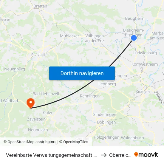 Vereinbarte Verwaltungsgemeinschaft Der Stadt Bietigheim-Bissingen to Oberreichenbach map