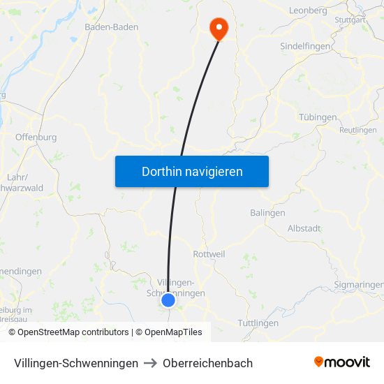 Villingen-Schwenningen to Oberreichenbach map