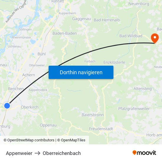 Appenweier to Oberreichenbach map