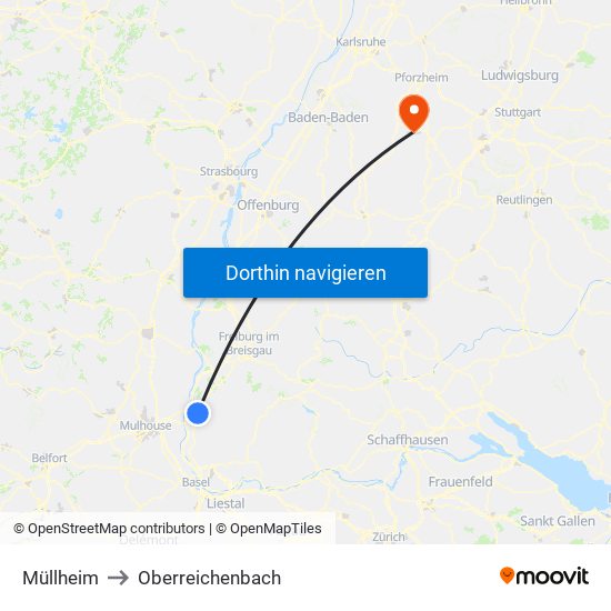 Müllheim to Oberreichenbach map