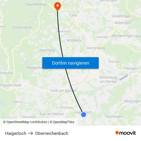 Haigerloch to Oberreichenbach map