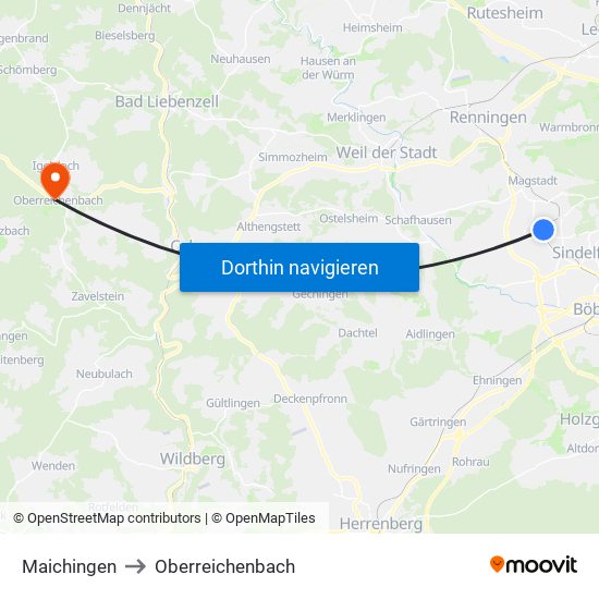 Maichingen to Oberreichenbach map