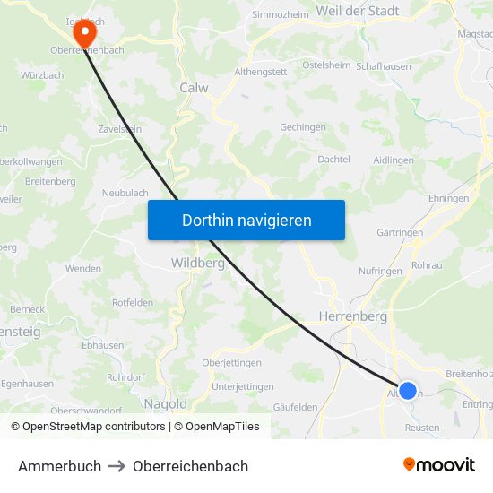 Ammerbuch to Oberreichenbach map