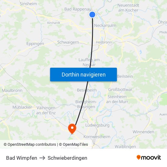 Bad Wimpfen to Schwieberdingen map