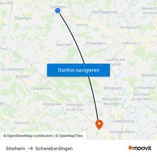 Sinsheim to Schwieberdingen map