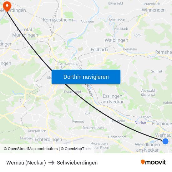 Wernau (Neckar) to Schwieberdingen map