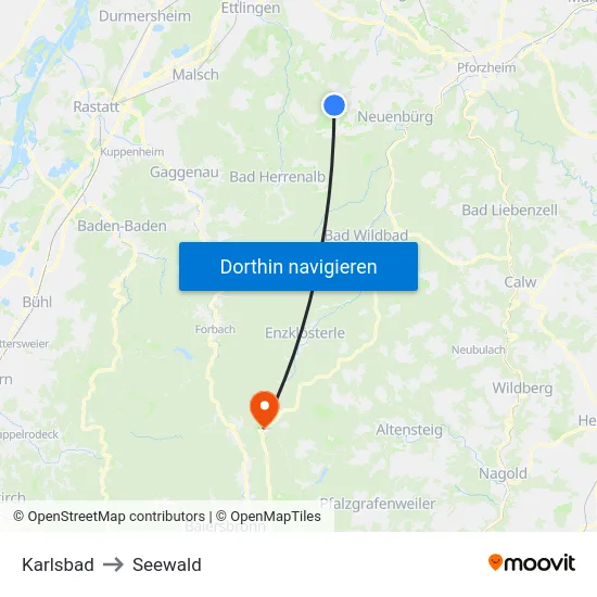 Karlsbad to Seewald map
