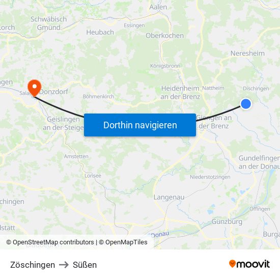 Zöschingen to Süßen map