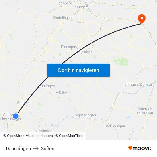 Dauchingen to Süßen map