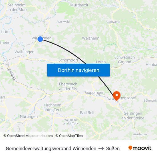 Gemeindeverwaltungsverband Winnenden to Süßen map