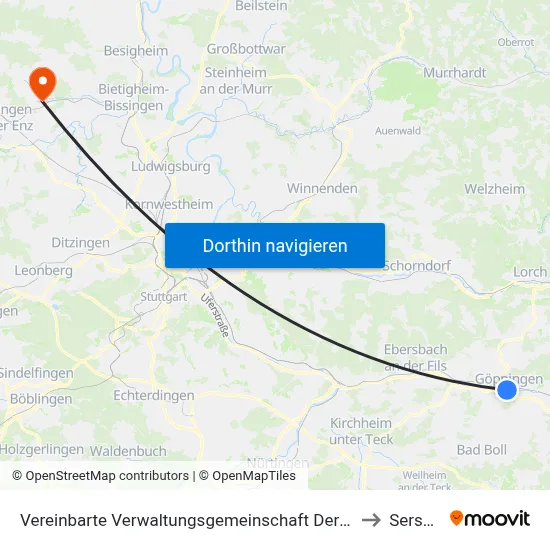 Vereinbarte Verwaltungsgemeinschaft Der Stadt Göppingen to Sersheim map