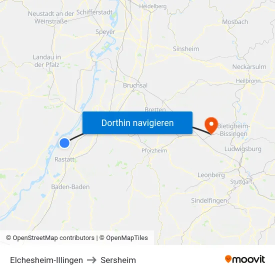 Elchesheim-Illingen to Sersheim map