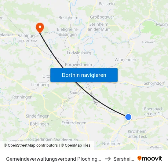 Gemeindeverwaltungsverband Plochingen to Sersheim map