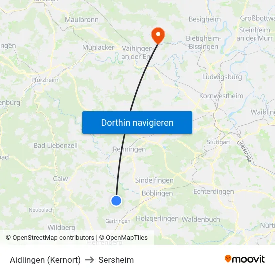 Aidlingen (Kernort) to Sersheim map