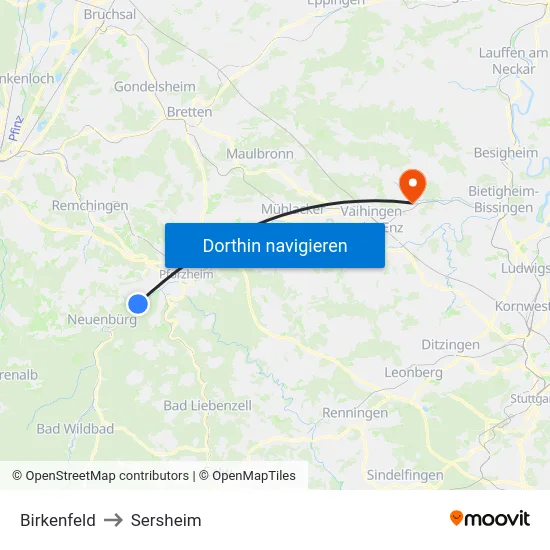 Birkenfeld to Sersheim map