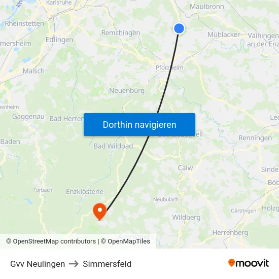 Gvv Neulingen to Simmersfeld map