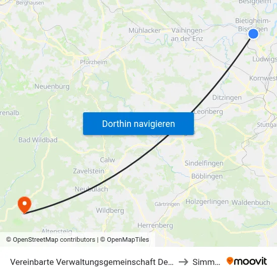 Vereinbarte Verwaltungsgemeinschaft Der Stadt Bietigheim-Bissingen to Simmersfeld map