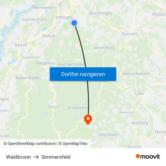 Waldbronn to Simmersfeld map