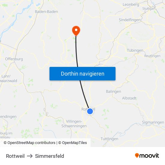 Rottweil to Simmersfeld map