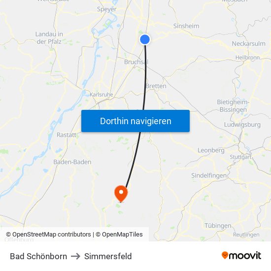 Bad Schönborn to Simmersfeld map