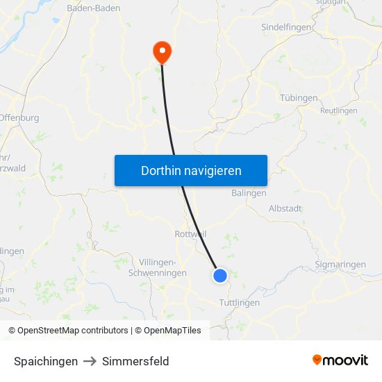 Spaichingen to Simmersfeld map