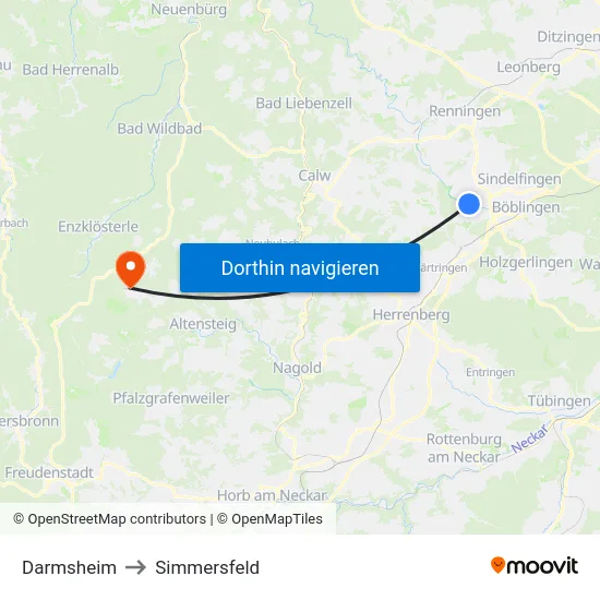 Darmsheim to Simmersfeld map