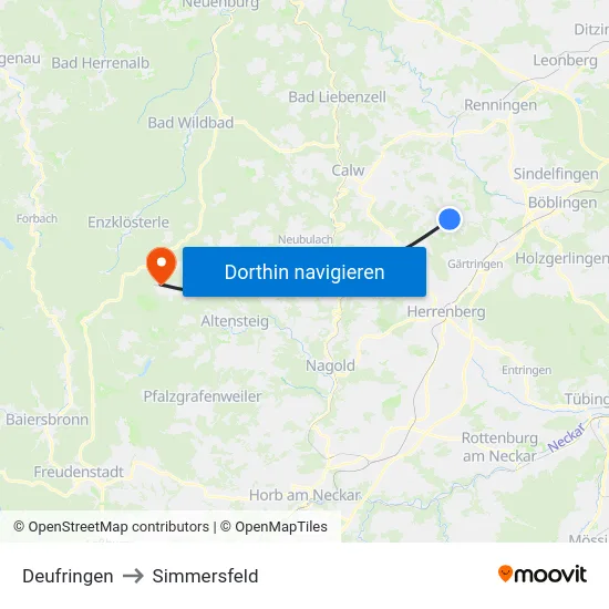 Deufringen to Simmersfeld map