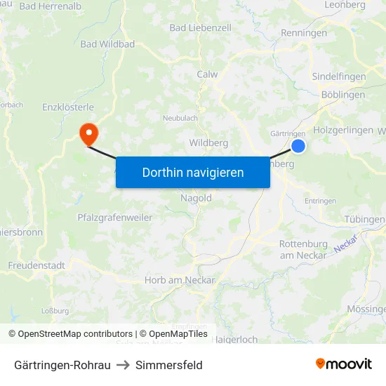 Gärtringen-Rohrau to Simmersfeld map