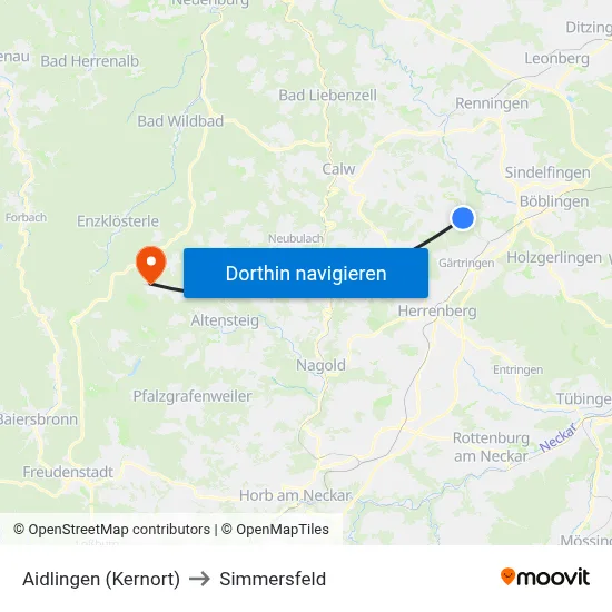 Aidlingen (Kernort) to Simmersfeld map